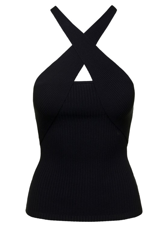 Shop Msgm Black Ribbed Knit Crossover-strap Top In Viscose Blend