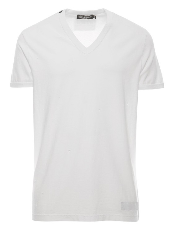 Shop Dolce & Gabbana White T-shirt With All-over Rips And Ri-edition Logo Patch In Cotton