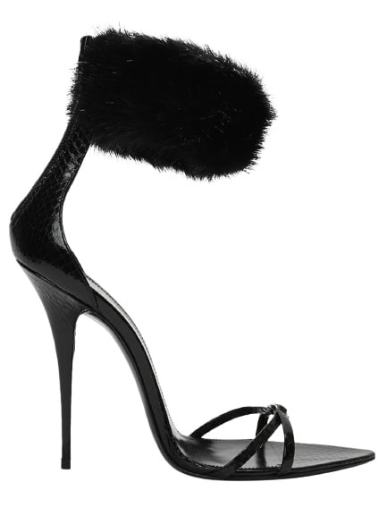 Saint Laurent Gippy Croc-embossed Leather Fur-strap Sandals In Black