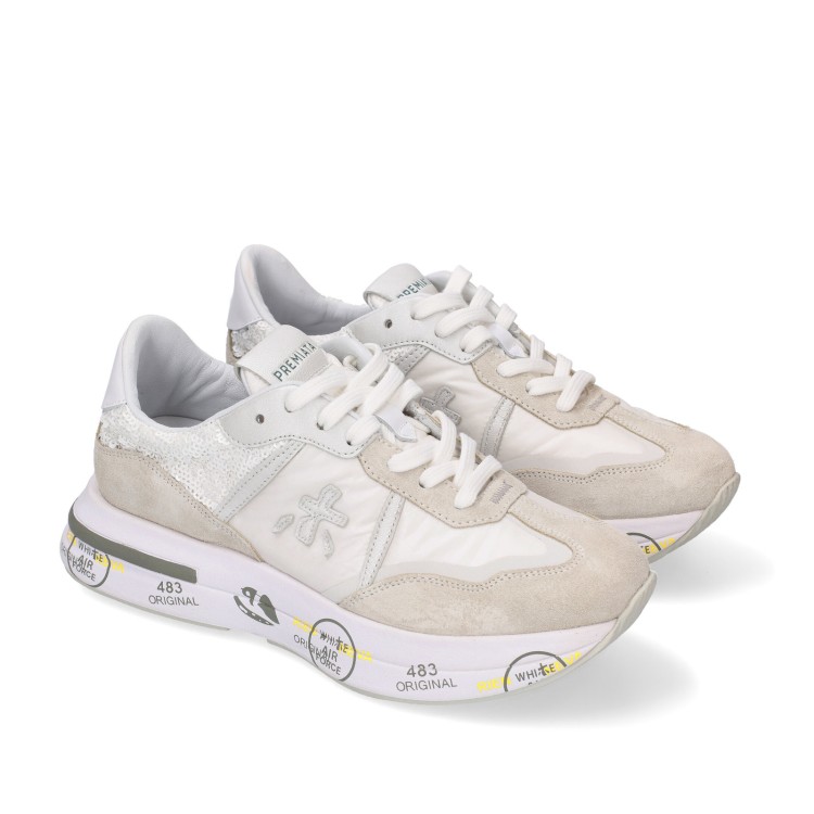 Premiata Cassie Sneakers In Light Gray Suede And White Fabric And Sequins In Grey