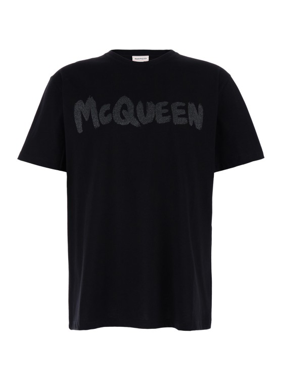 Shop Alexander Mcqueen Black T-shirt With Glitter Logo Print In Cotton