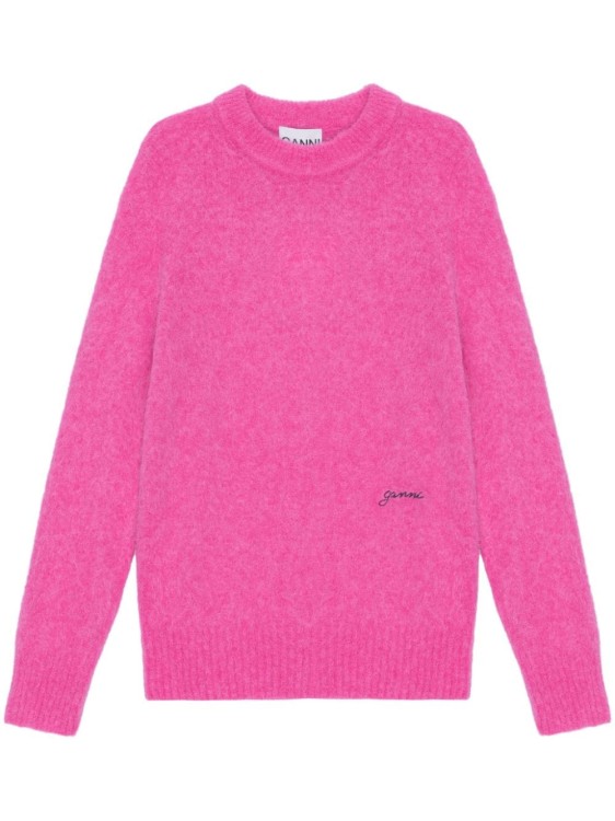 Shop Ganni Logo-embroidered Wool-blend Jumper In Pink