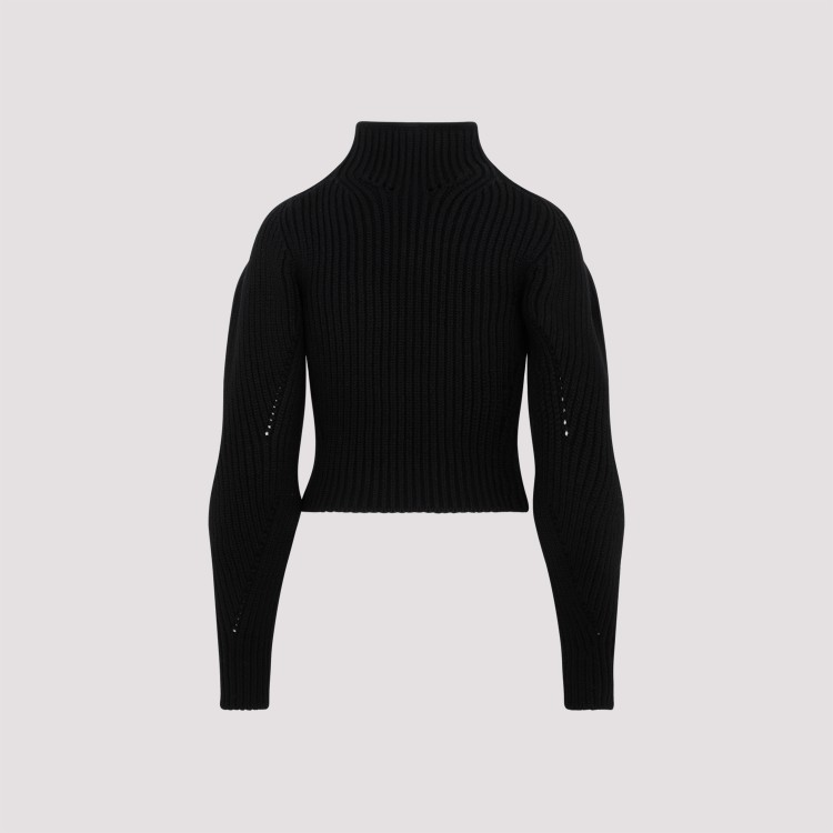 Shop Alaïa Rib High Neck Black Wool Sweater