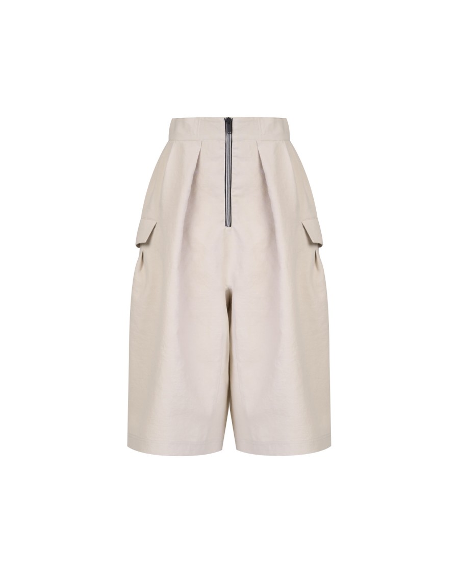 Takaturna Loose Shorts With Elastic Waistband And Contrasting Zip Detail In Neutrals