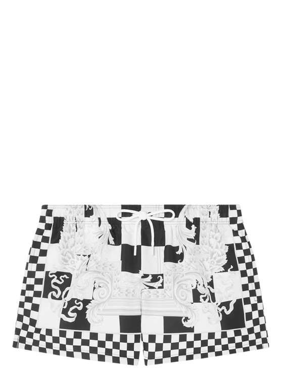 Versace Barocco-motif Checkerboard-print Swim Shorts In White