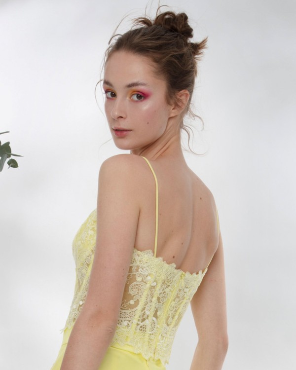 Shop Gemy Maalouf Yellow Lace Corset - Tops In Neutrals