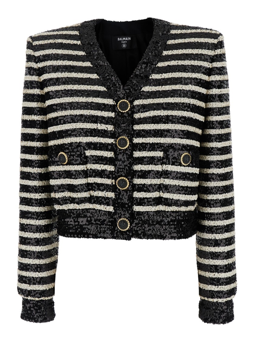 Shop Balmain Black And White Cropped Striped Jacket In All-over Sequins Fabric