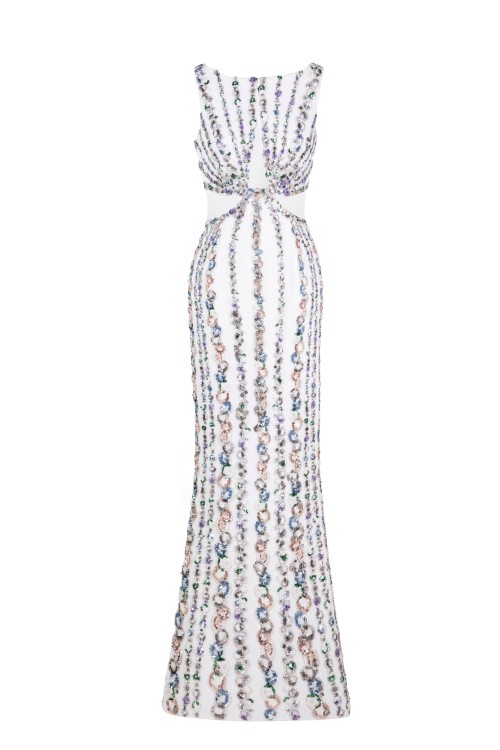Saiid Kobeisy Canton Crepe Fitted, Beaded Dress With Cutouts In White