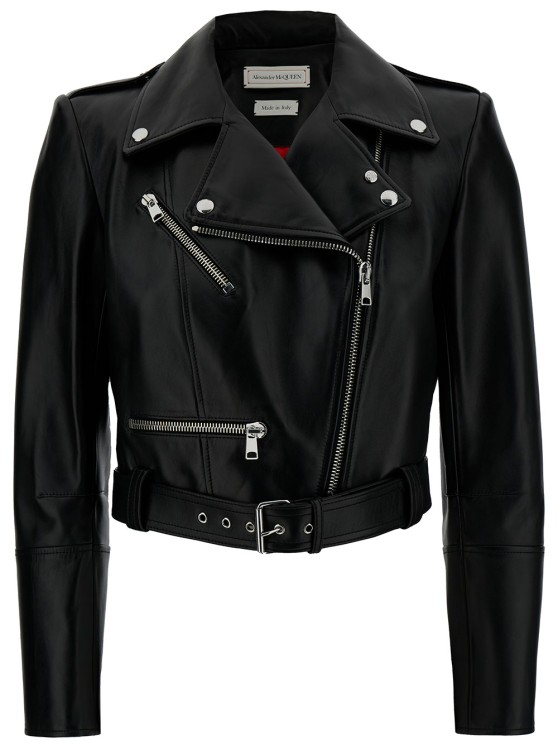 Shop Alexander Mcqueen Black Cropped Biker Jacker With Matching Belt In Smooth Leather