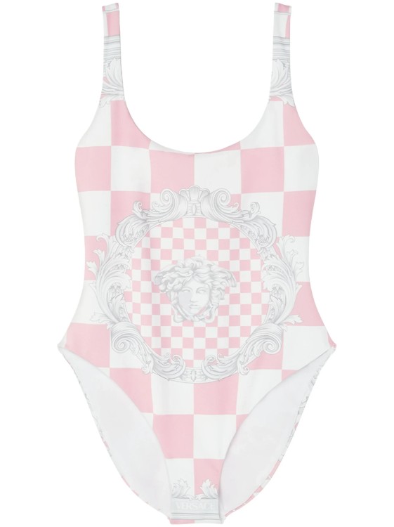 Versace Medusa Checkerboard-print Multicolor Swimsuit In White