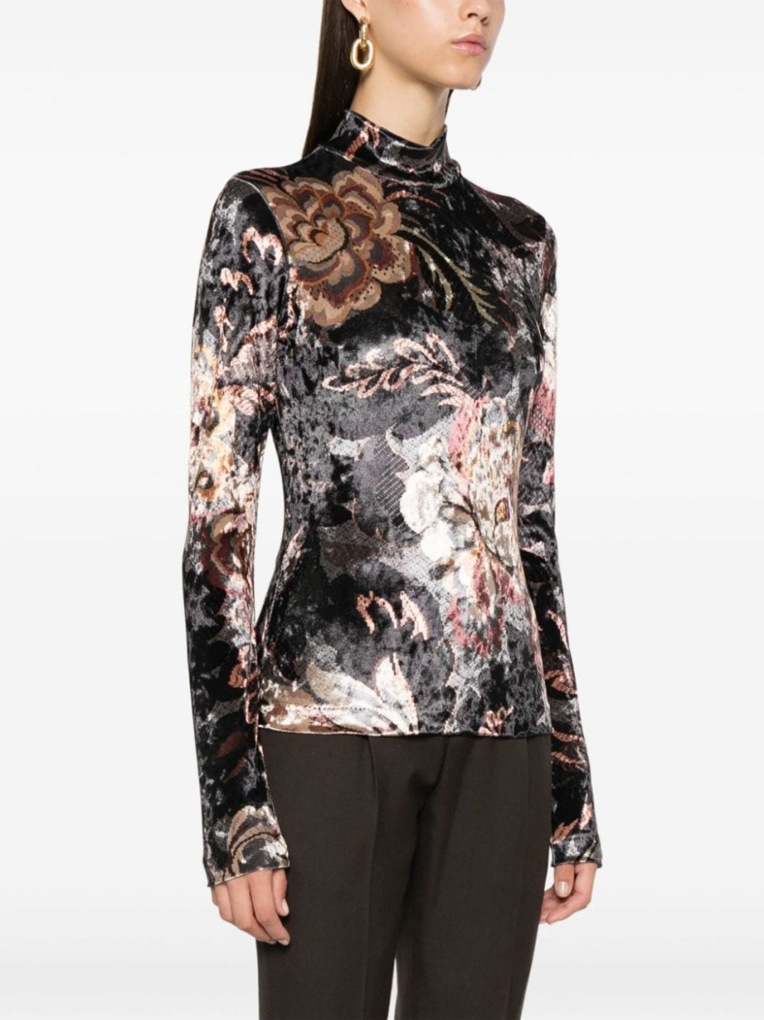 Shop Etro Elegant Velvet Floral Top With High Neck And Long Sleeves In Multicolor