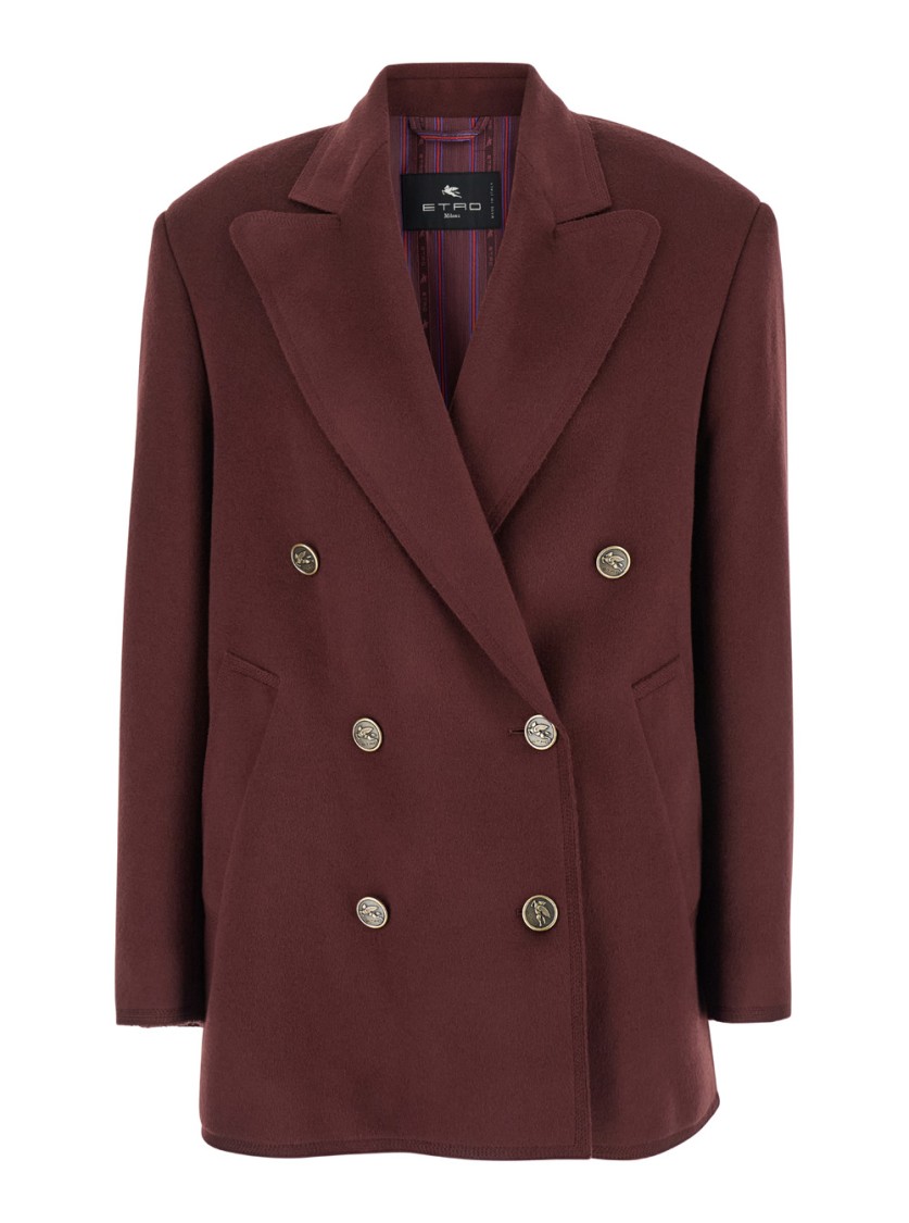 Shop Etro Bordeaux Double-breasted Jacket With Logo Detail On Buttons In Wool Blend In Burgundy