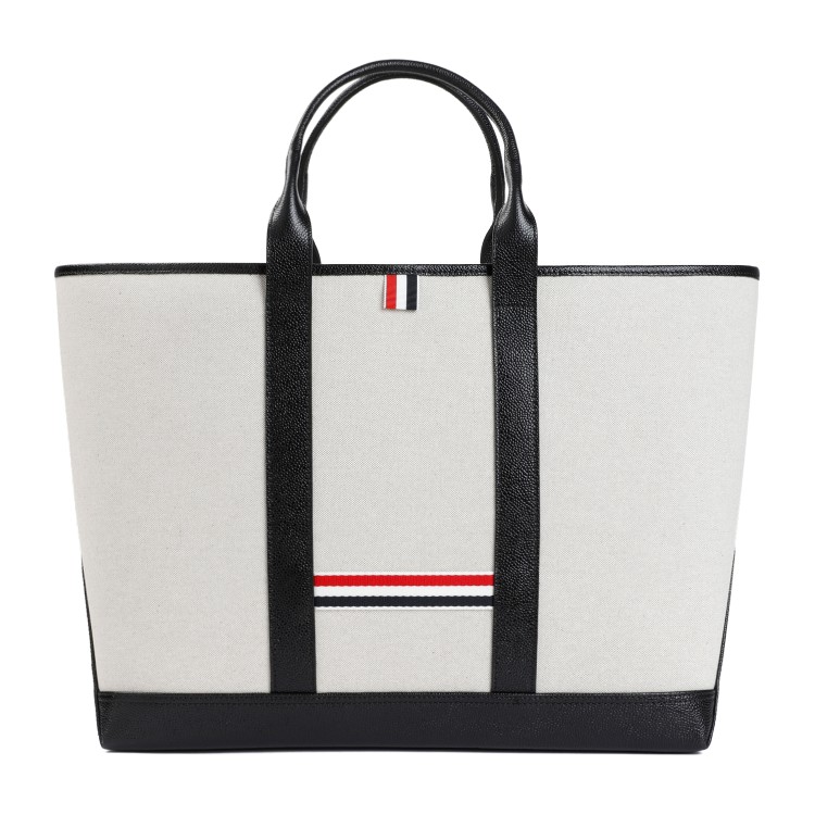 Shop Thom Browne Black Grained Leather Medium Tool Tote Bag In White