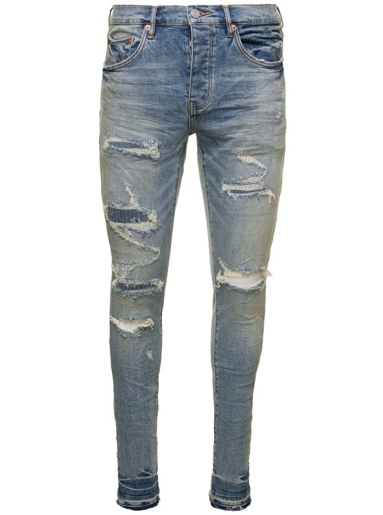 Light Blue Skinny Jeans With Rips Detail In Stretch Cotton Denim by Purple  Brand in Blue color for Luxury Clothing