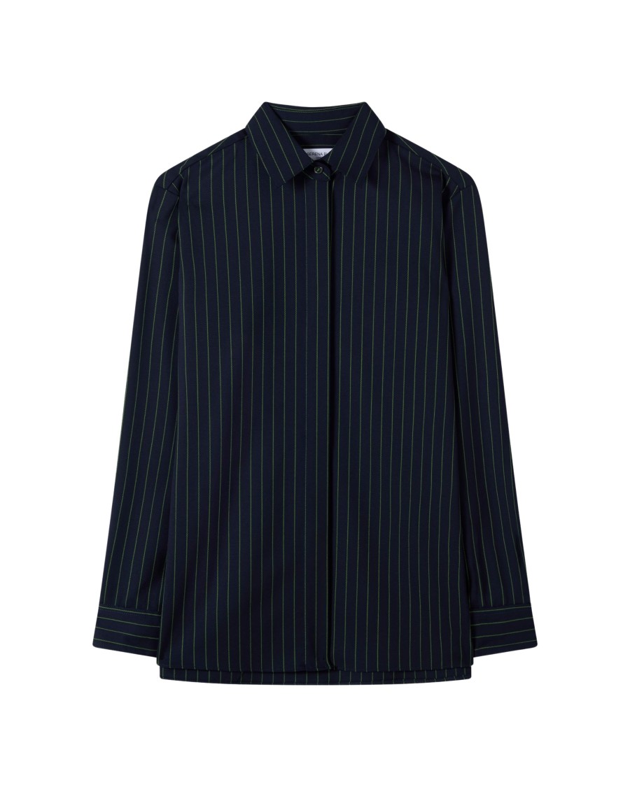 Serena Bute Wool Pinstripe Boyfriend Shirt - Black/pink In Blue