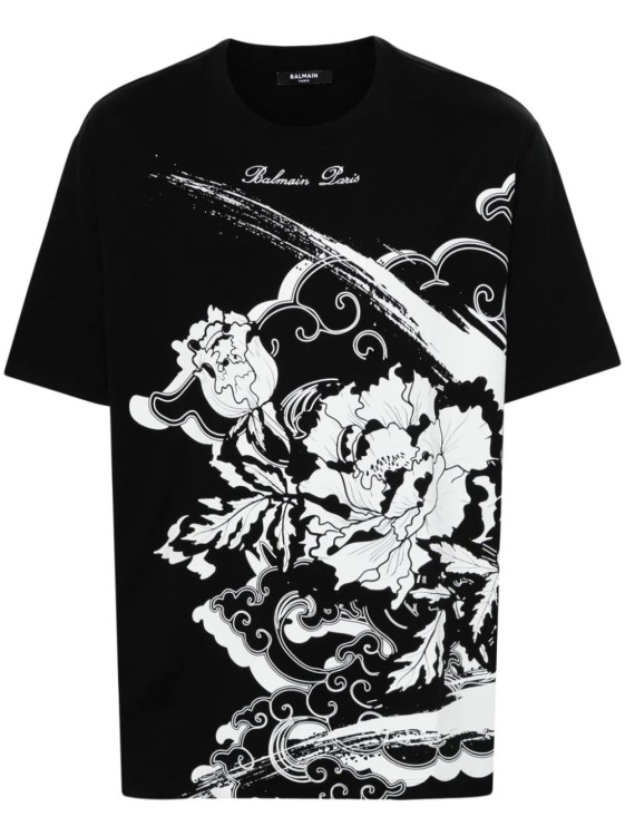Balmain Flower-print T-shirt In Black
