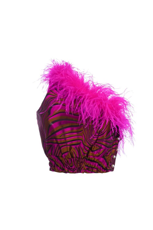 Shop Andreeva Raspberry Marilyn Top With Feathers Details In Pink