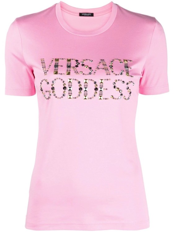 Shop Versace Pink Goddess Studded T-shirt In Purple