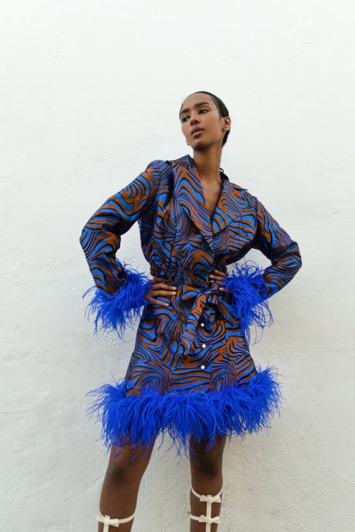 Shop Andreeva Blue Marilyn Skirt With Feathers Details
