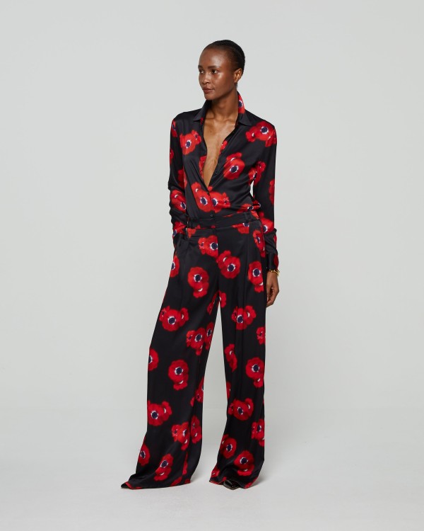 Shop Serena Bute Graphic Poppy Serena Wide Leg Trouser - Black/red