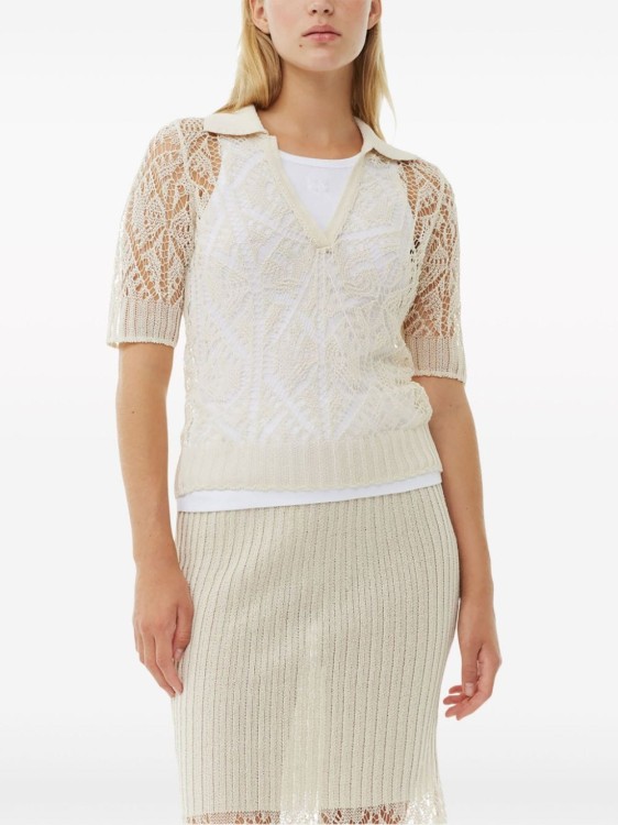 Shop Ganni Organic-cotton Lace Polo Shirt In Neutrals