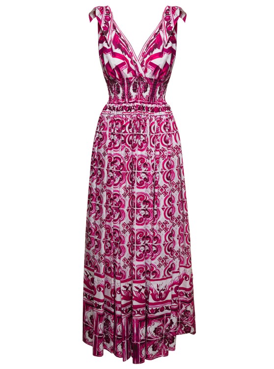 Fuchsia And White Long Sleeveless Dress With Majolica-Print In Cotton by  Dolce & Gabbana in Pink color for Luxury Clothing