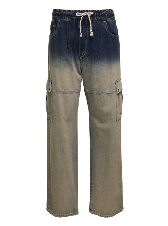 Shop Dolce & Gabbana Blue And Beige Cargo Trousers With Logo Plaque And Gradient Effect In Cotton Denim