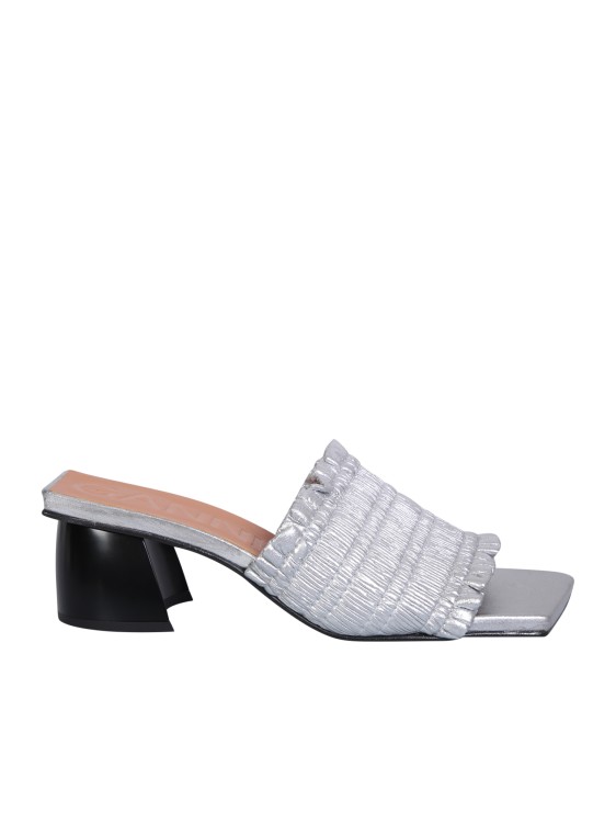 Ganni Smock-detail Kitten-heel Mules In Silver