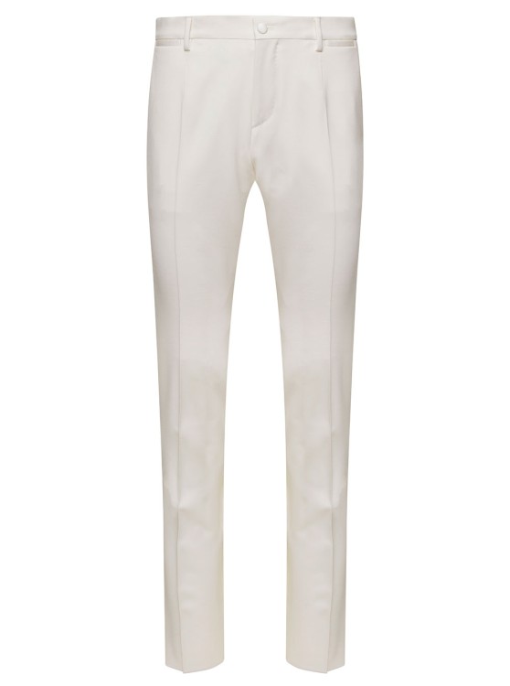 DOLCE & GABBANA WHITE SLIM PANTS WITH COVERED BUTTON IN WOOL AND SILK BLEND