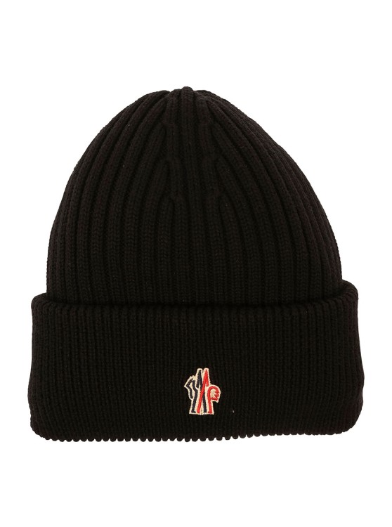 Moncler Black Ribbed Beanie With Logo Patch In Wool In Brown