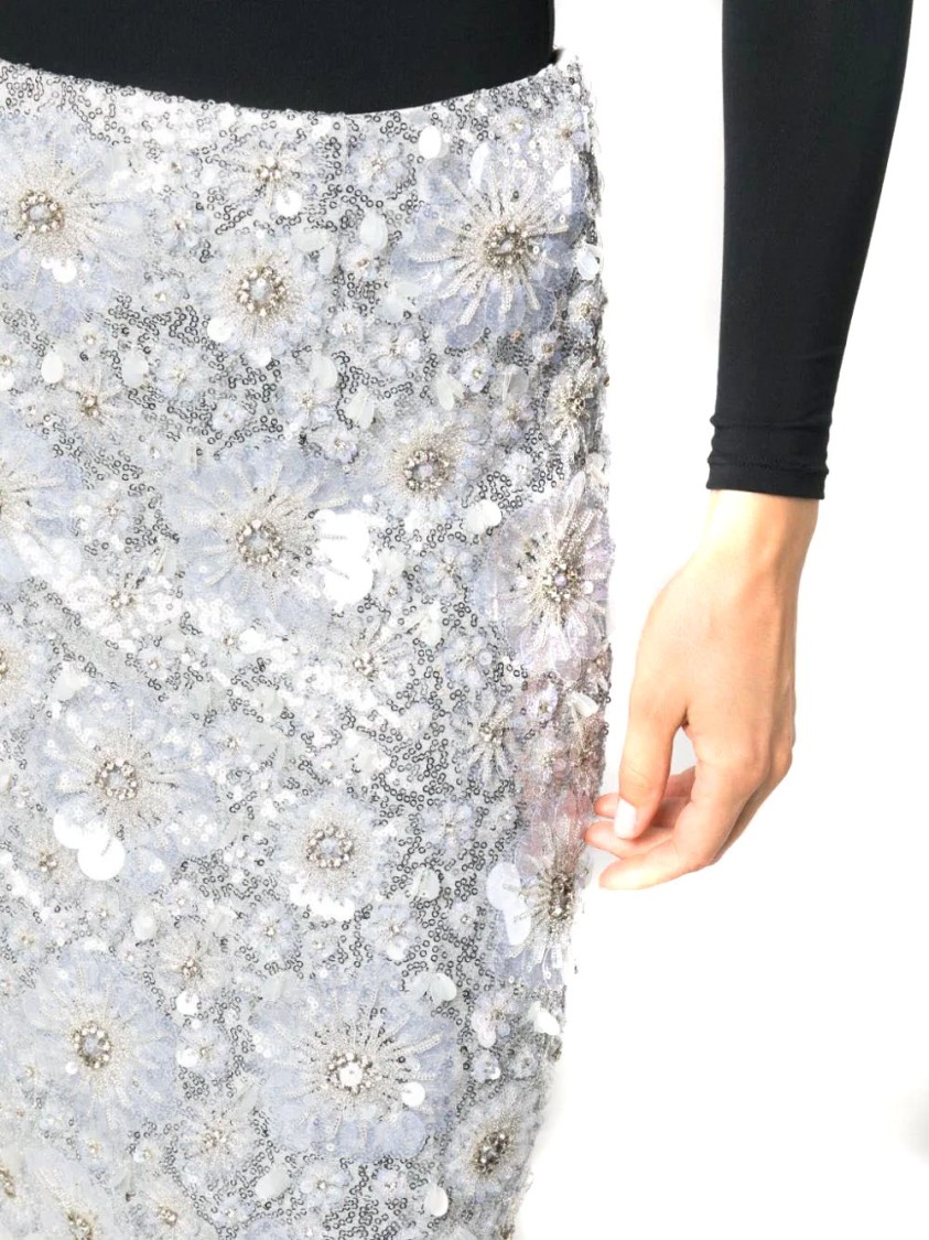 Shop Des Phemmes Embellished Midi Skirt With Floral Sequin Design And Luxurious Fabric Blend In Silver