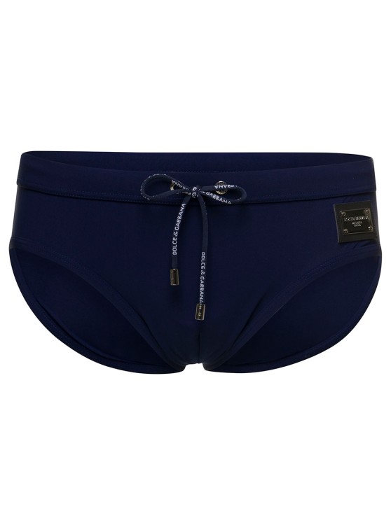 Shop Dolce & Gabbana Blue Swim Brief With Branded Drawstring And Logo Tag In Stretch Polyamide
