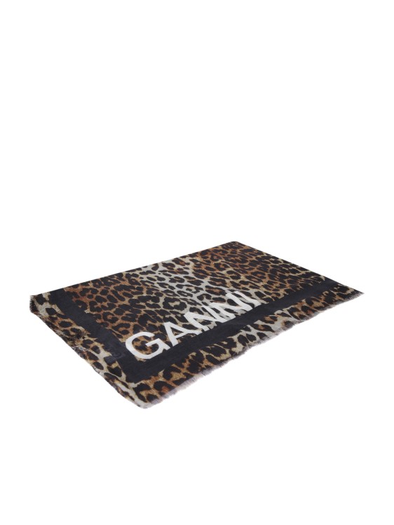 Ganni Oversized Wool-blend Scarf With Leopard Print In Brown