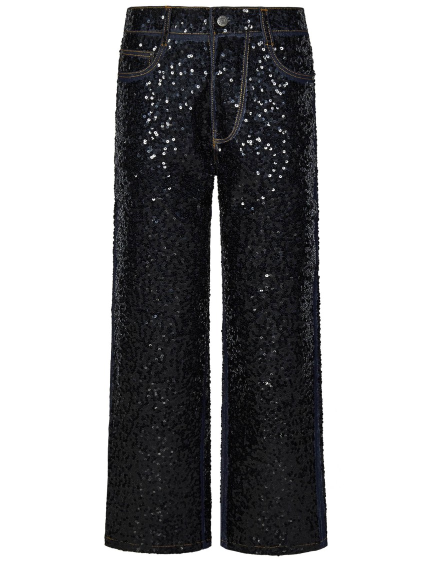 Shop P.a.r.o.s.h Parosh Sparkling Sequin-embellished Wide-leg Jeans With Stretch Cotton Blend For Ultimate Comfort In Black