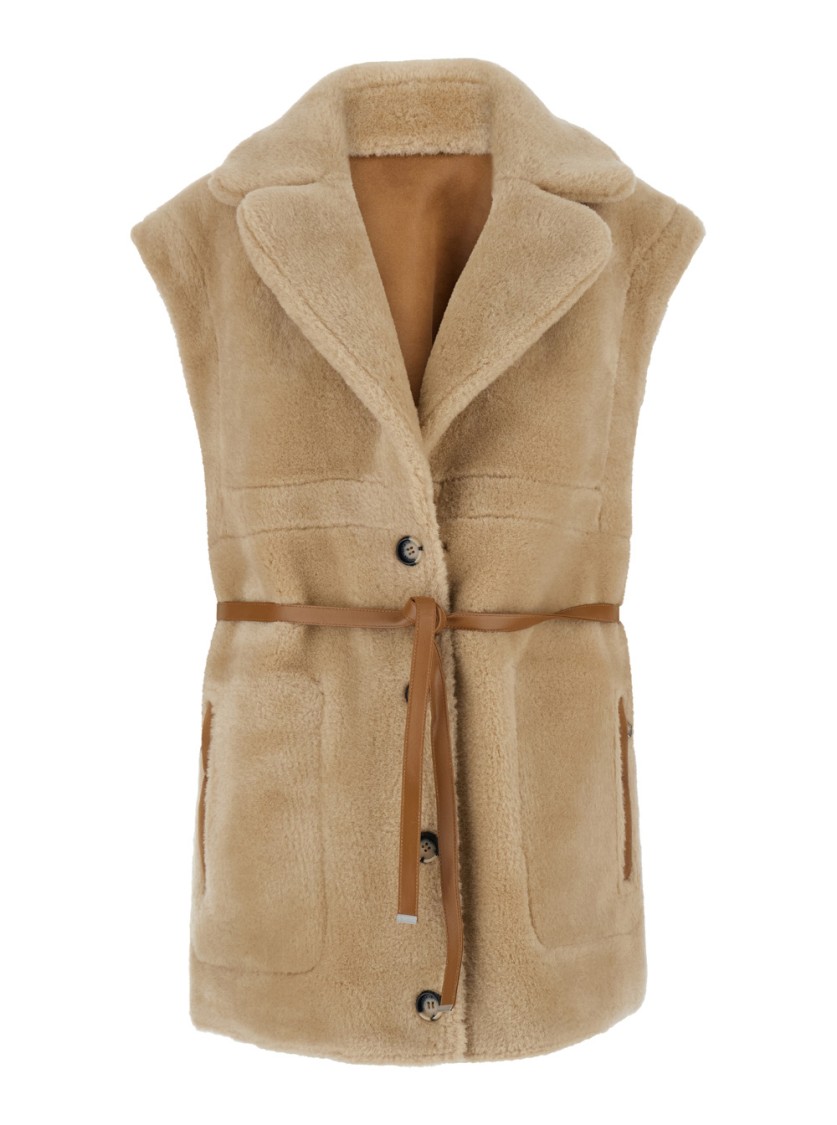 Urbancode Beige Single-breasted Sleeveless Shearling Jacket Wirh Notched Revers In Ecofur In Brown