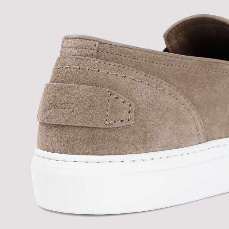 Shop Brioni Beige Sand Suede Leather Slip On Sneakers In Brown