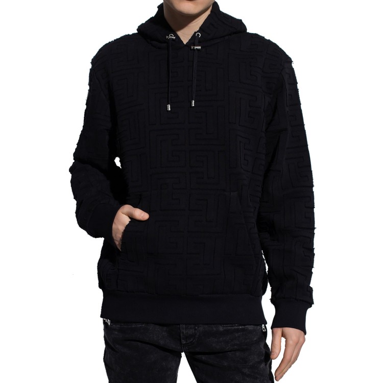 Shop Balmain Monogrammed Hooded Sweatshirt In Black