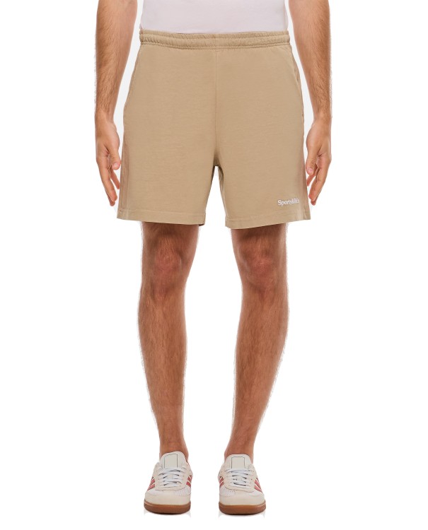 Shop Sporty And Rich Serif Logo Embroidered Gym Shorts In Neutrals