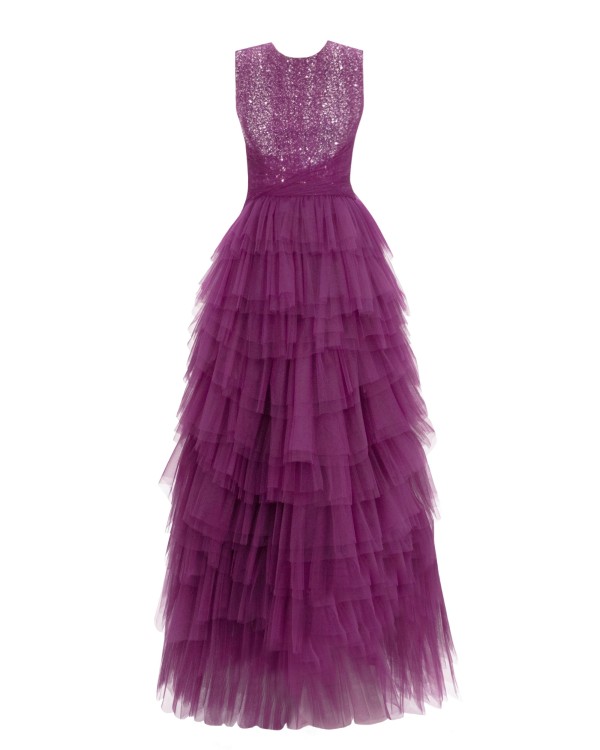 Gemy Maalouf Round Neckline Beaded Dress - Long Dresses In Purple