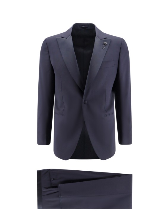 Shop Lardini Stretch Wool Suit With Satin Profiles In Black