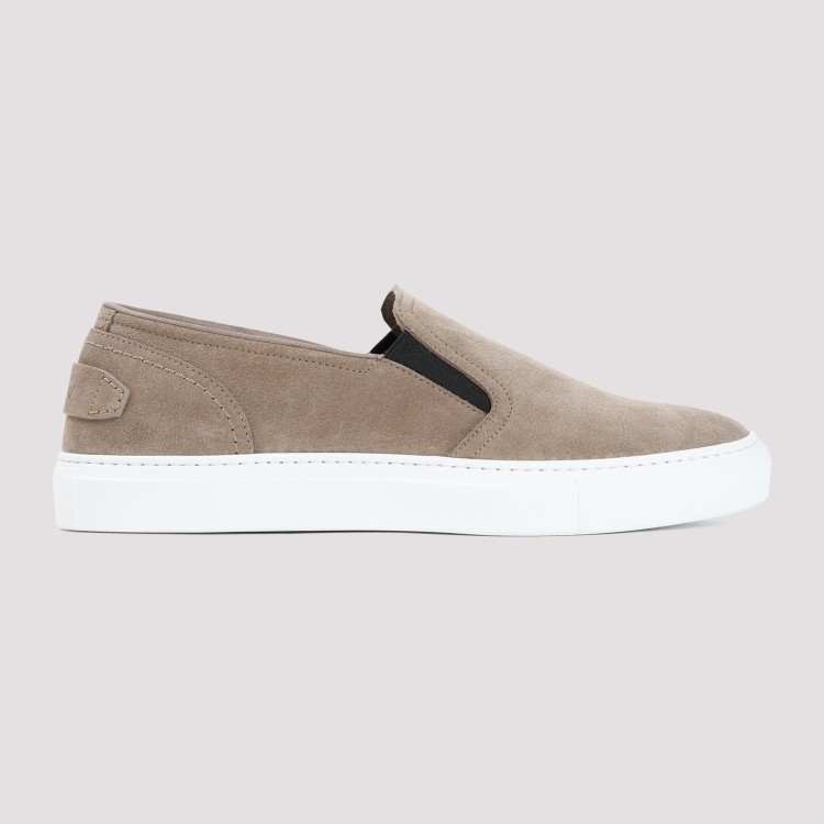 Shop Brioni Beige Sand Suede Leather Slip On Sneakers In Brown