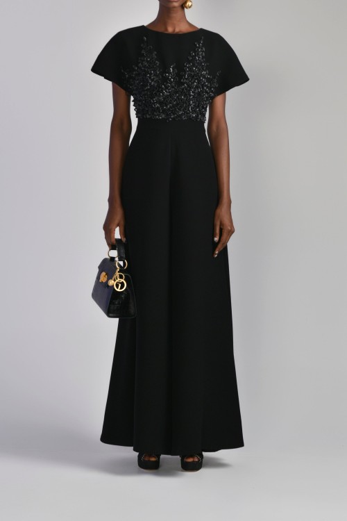 Shop Saiid Kobeisy Flared Crepe Jumpsuit With Embroidery In Black