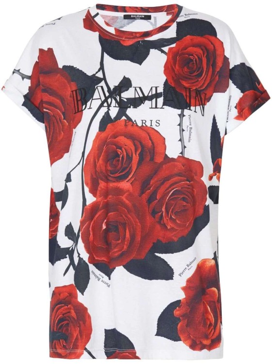 Shop Balmain Roses-print Cotton T-shirt In White