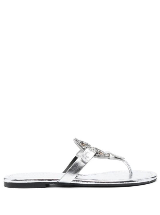 Miller Silver Tone Thong Sandal With Crystal Embellished Logo In