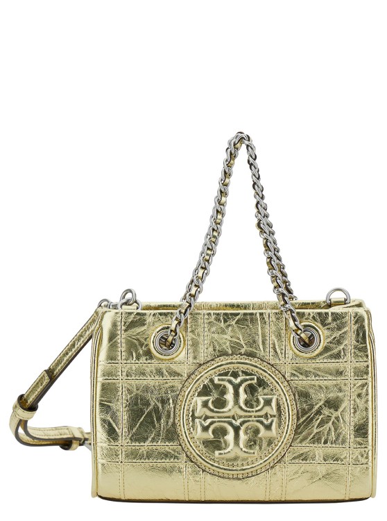 Tory Burch Fleming Soft Mini Gold-colored Shoulder Bag With Embossed Logo In Metallic Leather In Neutrals