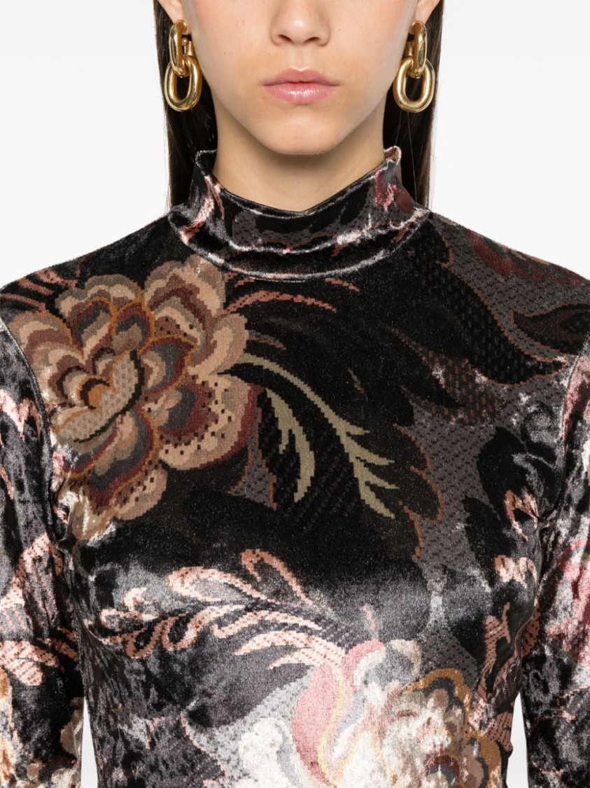 Shop Etro Elegant Velvet Floral Top With High Neck And Long Sleeves In Multicolor