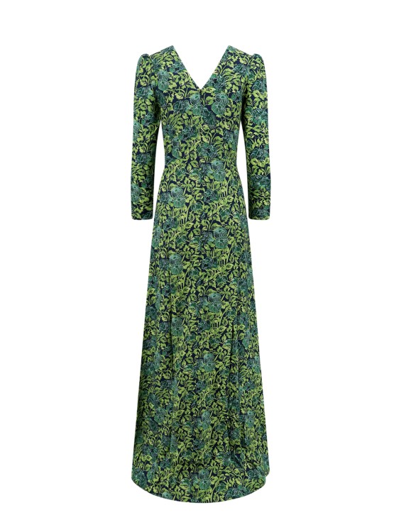 Shop Saloni Silk Long Dress With Floral Print In Green
