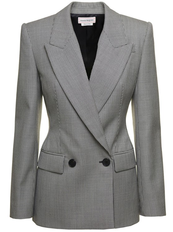 Shop Alexander Mcqueen Grey Double-breasted Jacket With Houndstooth Motif In Wool