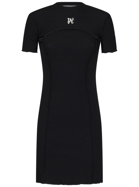 Shop Palm Angels Short Black Dress In Ribbed Stretch Cotton