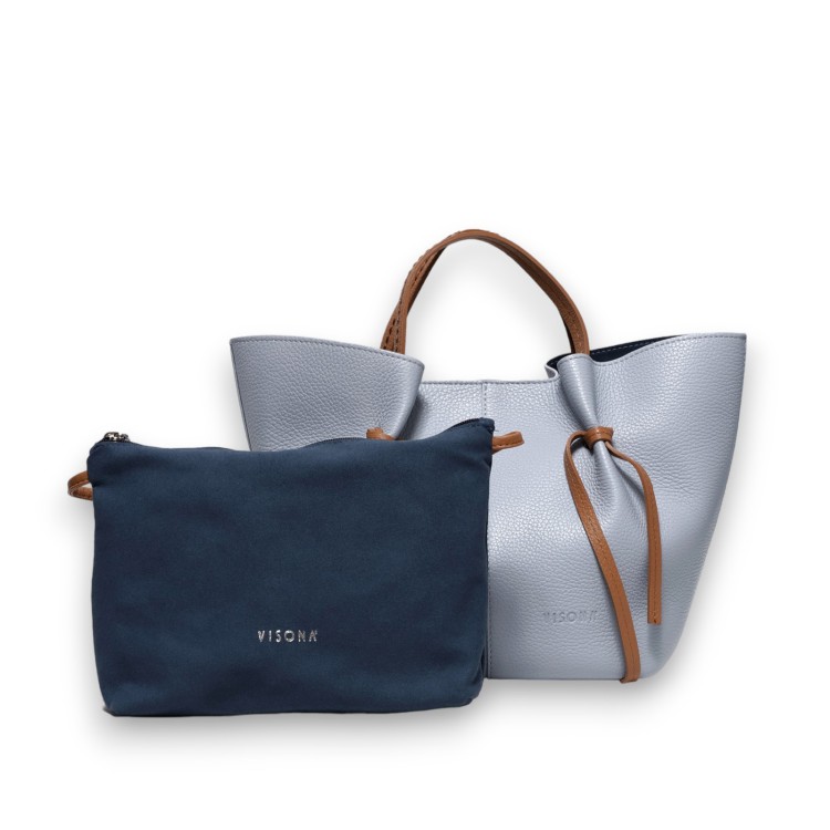 Shop Plinio Visona' Two-handled Shopping Bag With Leather Shoulder Strap In Light Blue Leather